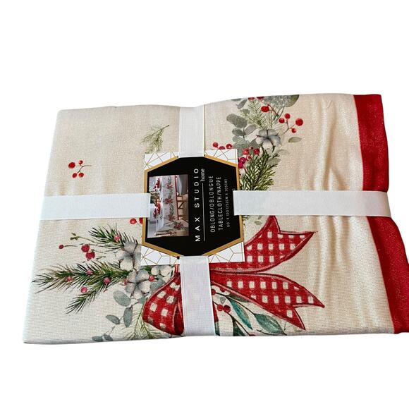 Max Studio Christmas Red Bows & Holly Holiday Tablecloth Oblong 60x120 New - Picture 7 of 16